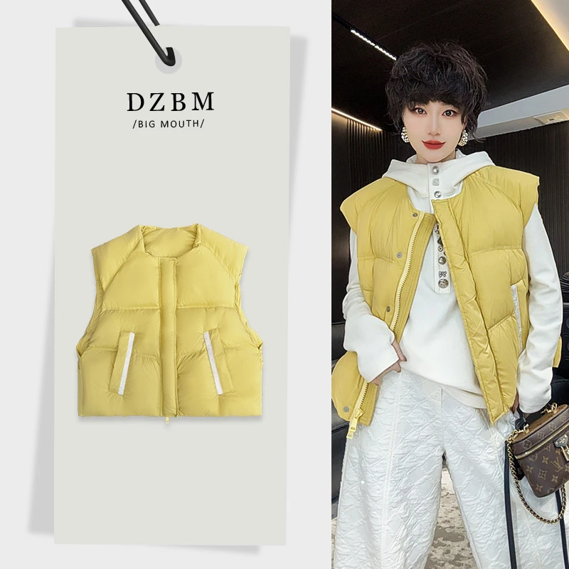 【DZBM】2025秋冬新款圆领兜边烫钻拉链底边抽绳羽绒马甲-W5239