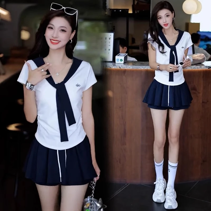 时尚休闲套装女2025夏季新款洋气显瘦披肩短袖T恤芭蕾裙裤两件套