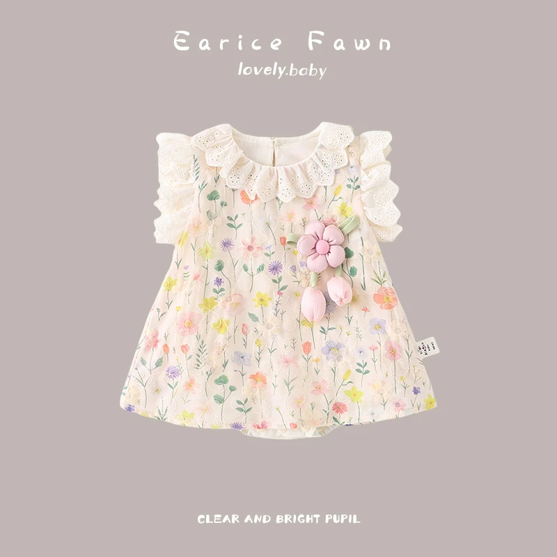 DH女宝宝夏季薄款花朵哈衣新生婴儿爬服超萌可爱连体衣公主洋气外