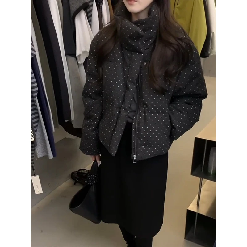 MARIE.COCO韩系穿搭立领波点女宽松保暖棉衣外套搭简约半身裙套装