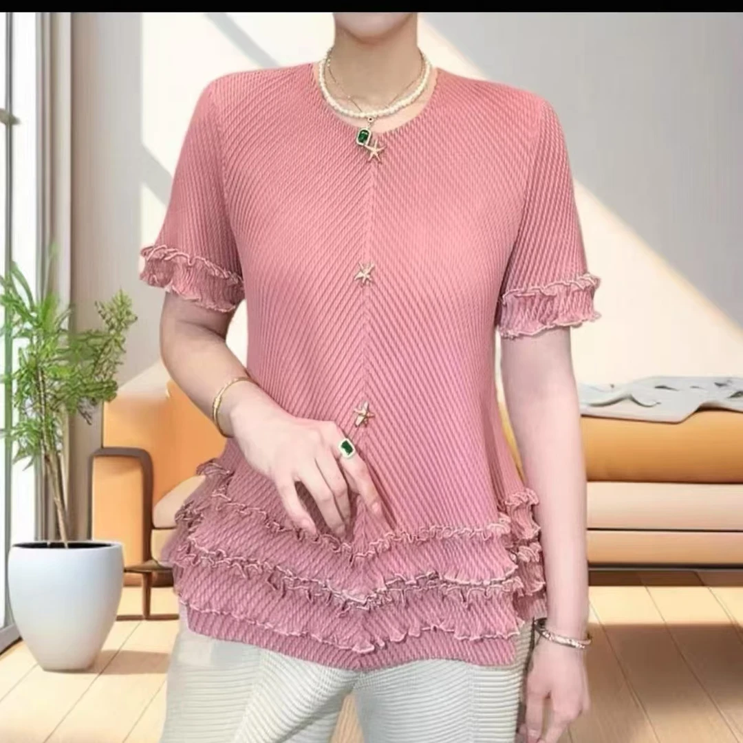 2501透气妈妈装褶皱木耳边原宿风T恤针织气质时尚显瘦百搭洋气