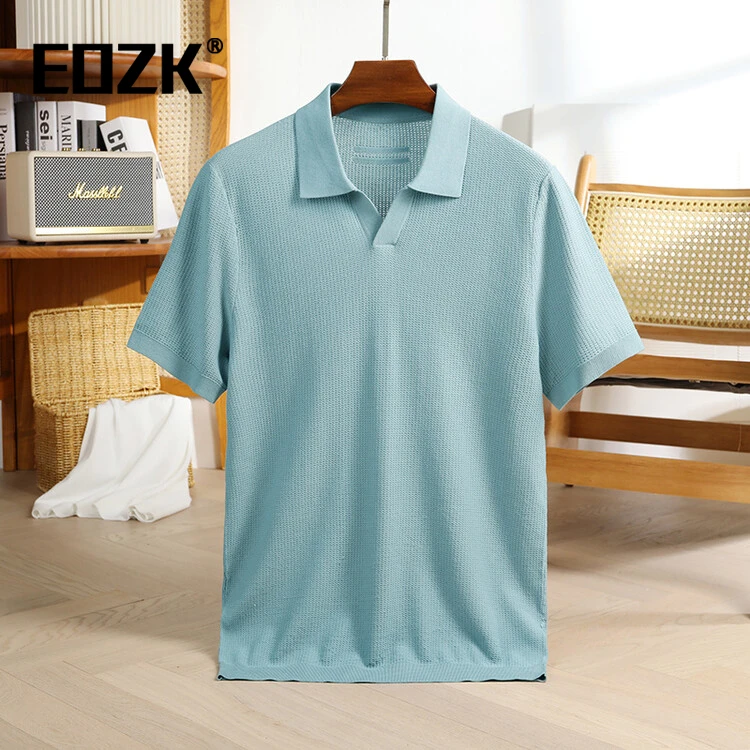 Eozk纯色海鸥领针织短袖Polo衫男2025休闲商务短袖时尚翻领T恤夏