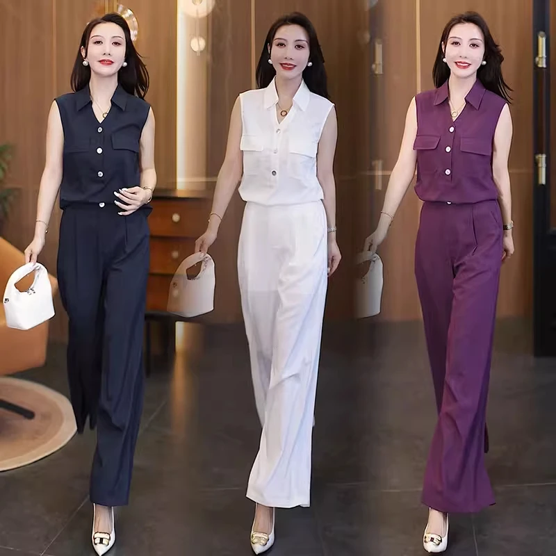 气质无袖衬衣阔腿裤时尚套装女夏2025夏季新款洋气减龄显瘦两件套