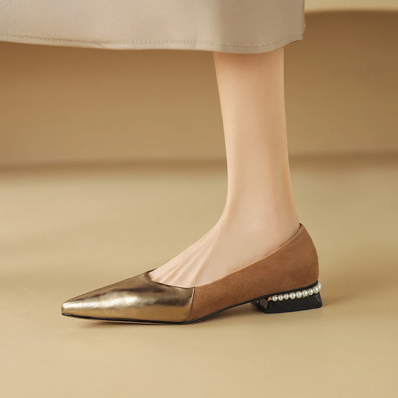 2.5cm小香风尖头拼色单鞋粗跟真皮百搭浅口小皮鞋时尚低跟奶奶鞋