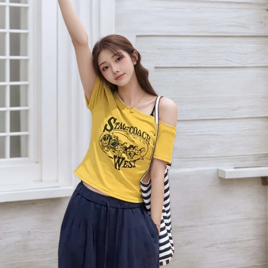 2025美式斜领露肩印花夏季短袖T恤女时尚百搭显瘦修身上衣 8090