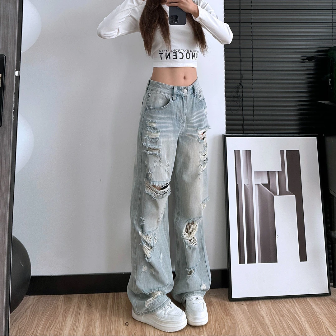 2025夏季153小个子宽松时尚美式高街破洞直筒牛仔裤扎染破洞1005