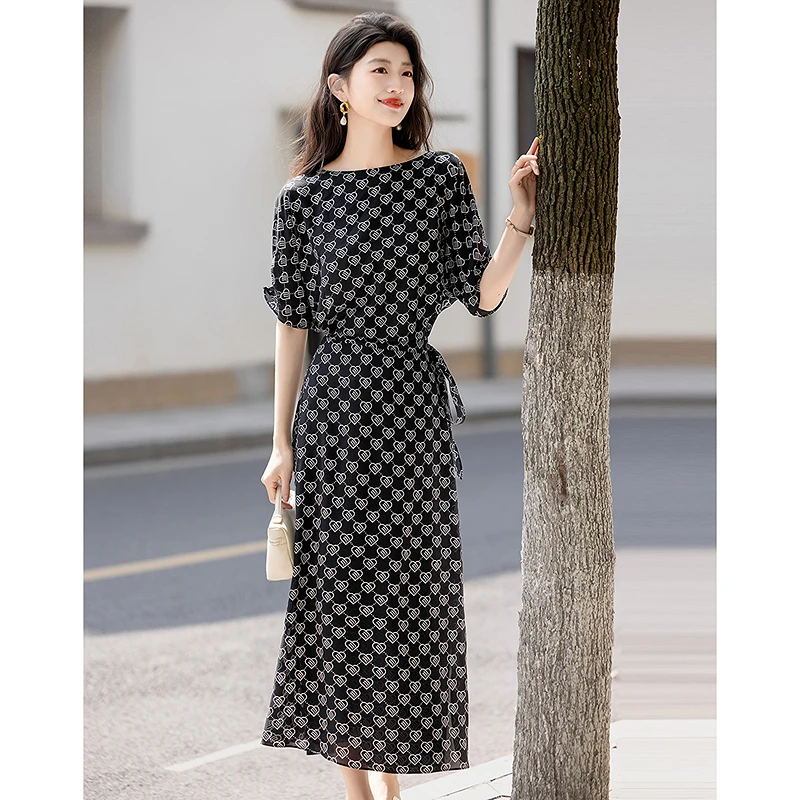 dme德·玛纳浪漫夏优雅船领连袖收腰复片围裹印花连衣裙