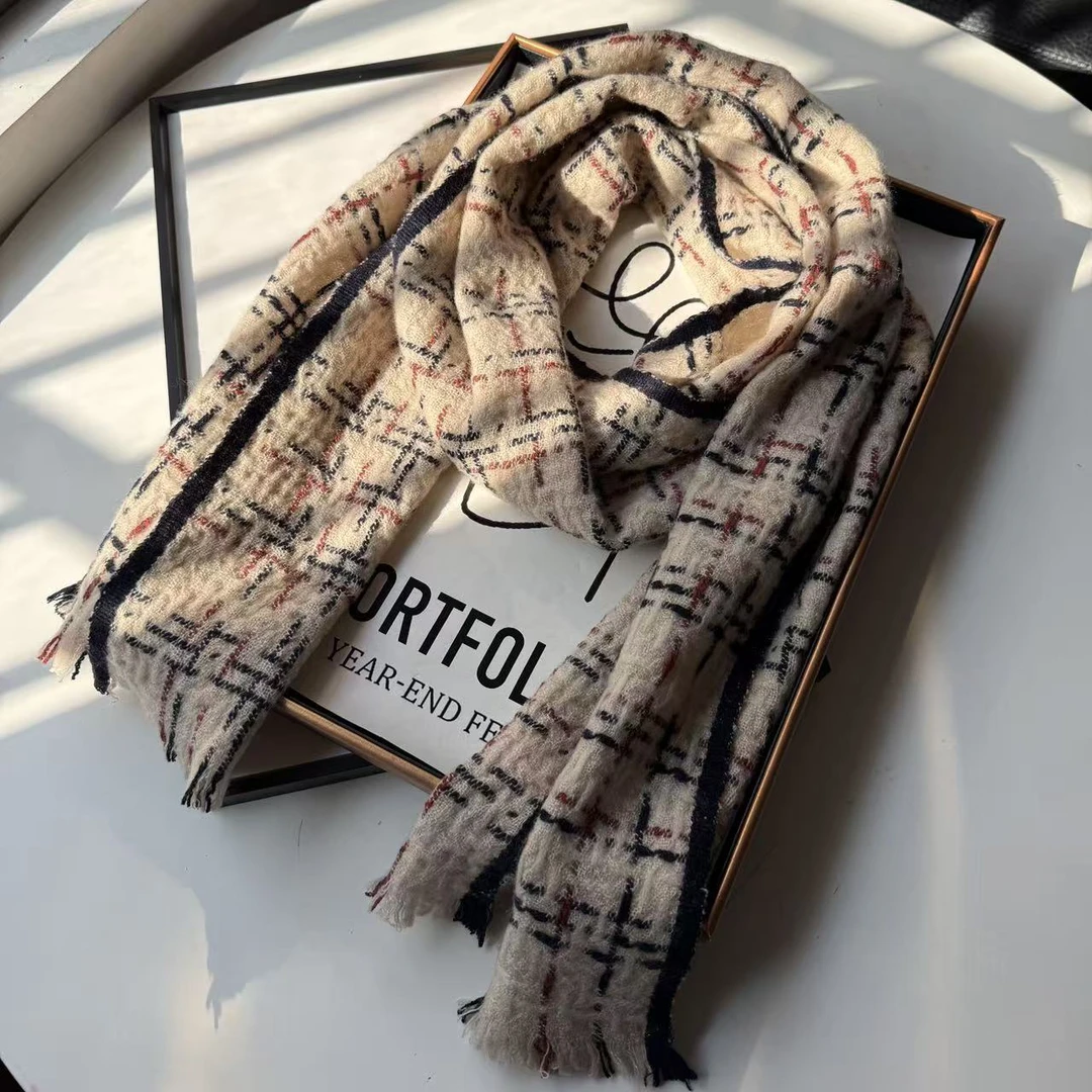 山羊绒轻奢双面秋冬针织170*30长巾丝巾搭配格子围巾披肩外搭保暖