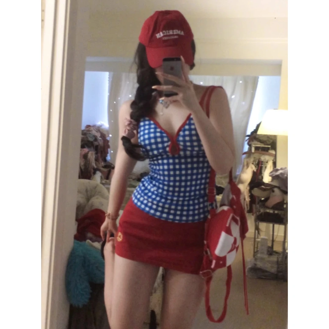 港风复古蓝色格子修身吊带上衣女夏季新款亮色系穿搭背心潮ins风