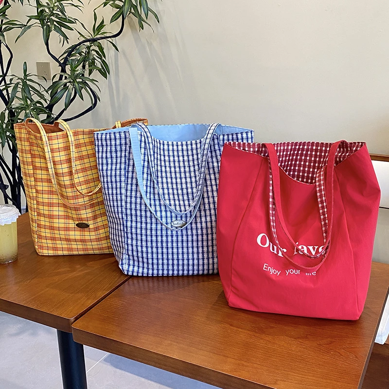 【双面格子托特包】韩国ins风字母大包包男女单肩帆布托特包