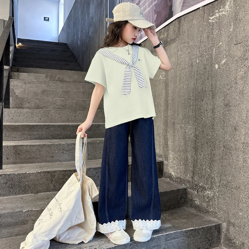女童夏装套装2025新款洋气9儿童夏天短袖T恤大童夏季牛仔裤两件套