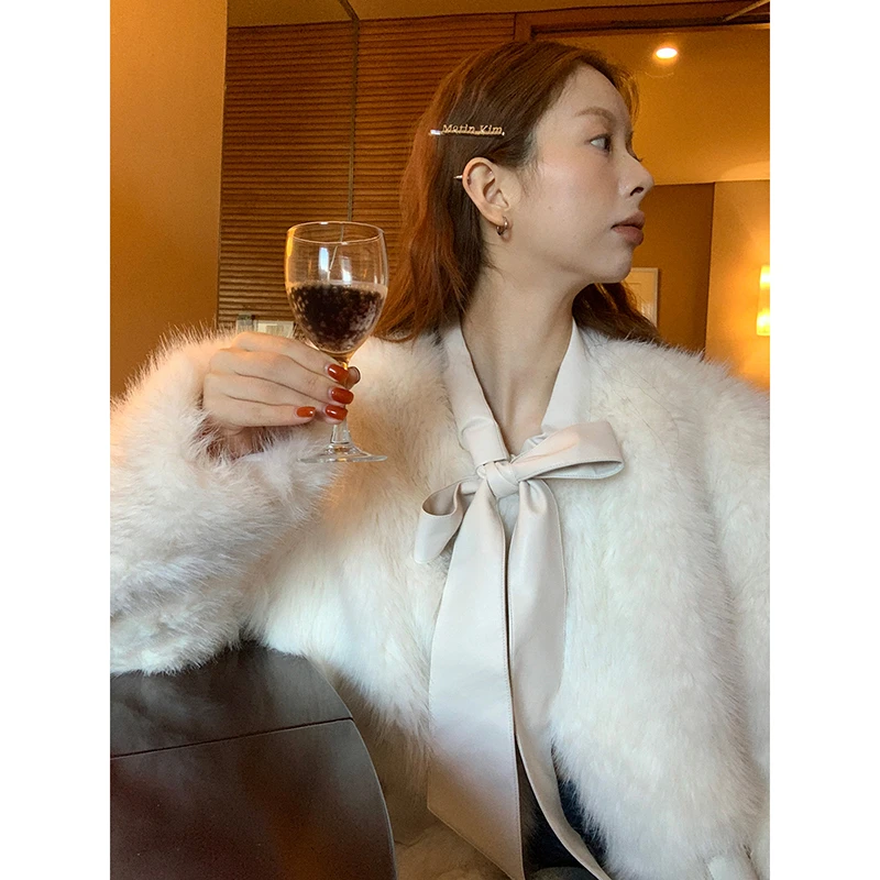 【秋秋清仓】冬季韩系拼接蝴蝶结领设计感HD毛毛外套244Y3307#