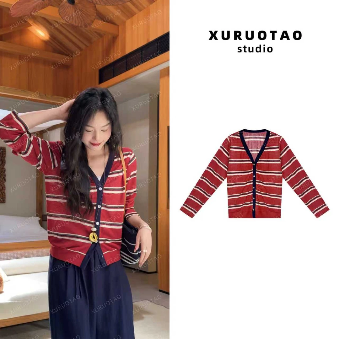 XURUOTAO 【古着物语】亚麻莱赛尔白条纹设计显瘦红色上衣 T5489