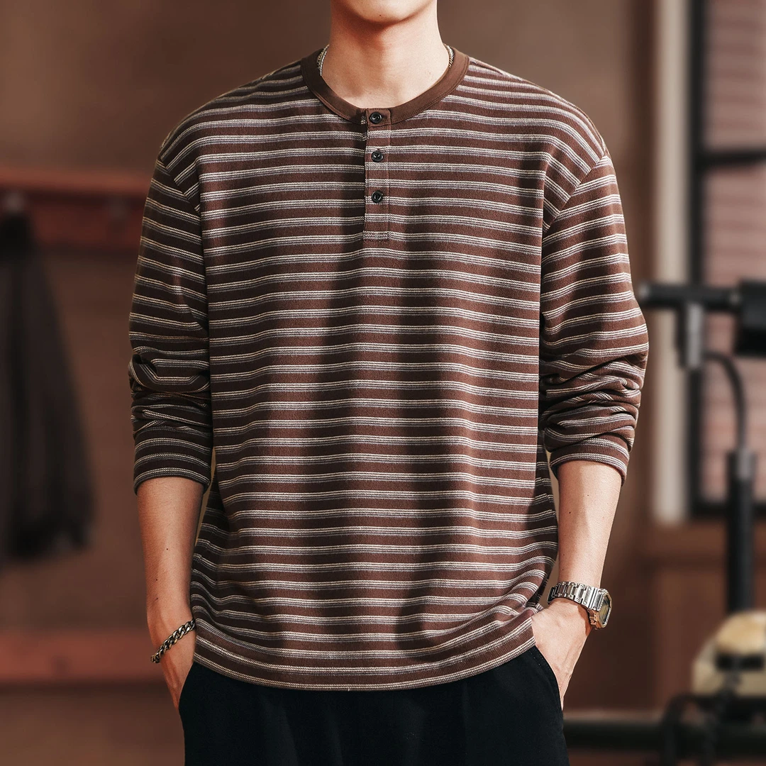 MR.MUDI/穆迪先生高端亨利领条纹长袖t恤男款宽松秋季亲打底衫潮