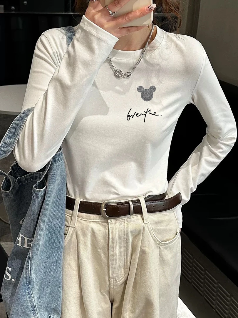 白色t恤女款长袖春秋2025新款圆领打底衫内搭棉质正肩基础款上衣