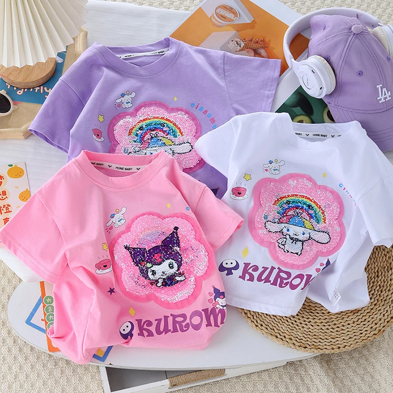 女童短袖纯棉T恤夏季2025新款洋气变色库洛米亮片上衣可爱