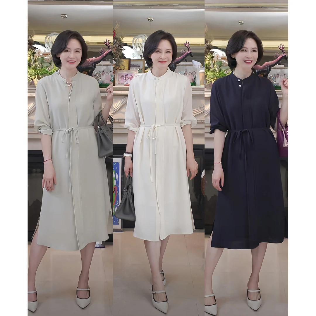 我是摩羯 黑标连衣裙32MM6A级桑蚕丝真丝层乔绉小立领夏裙子