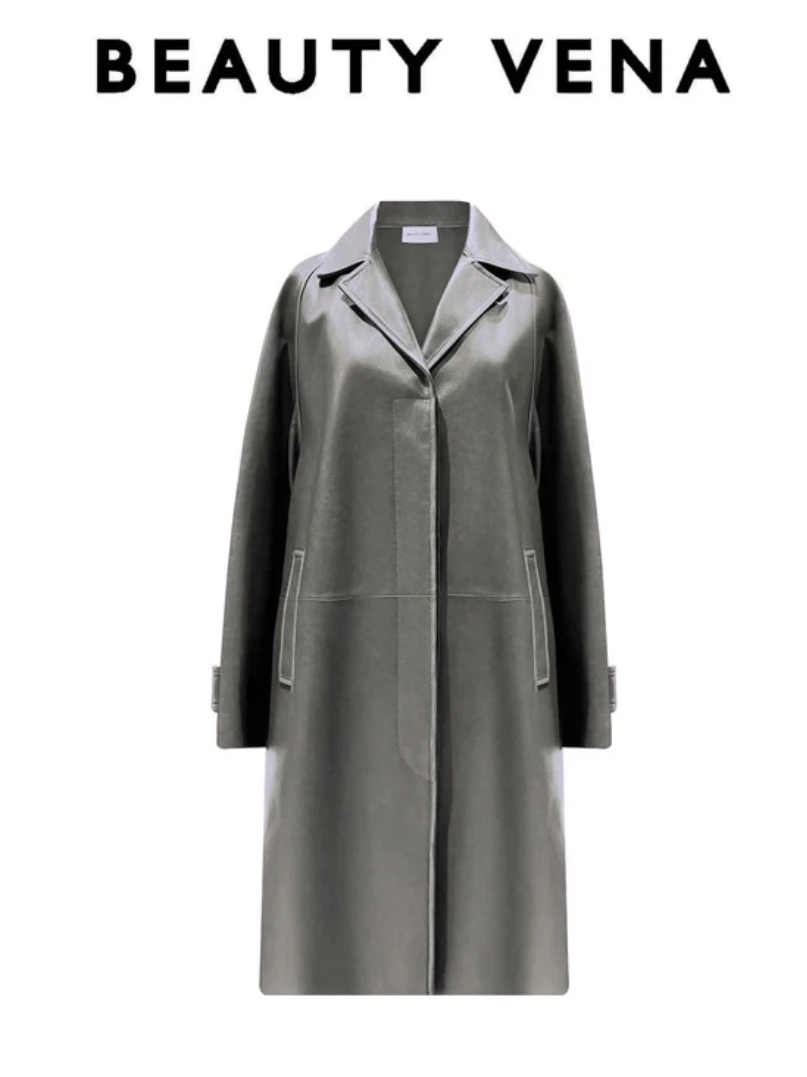 BEAUTY VENA慵懒风羊皮革长款皮衣4WXP104