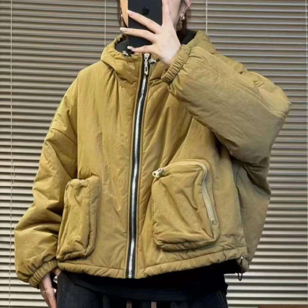 新款冬季连帽简约纯色休闲百搭宽松时尚小短款棉服外套