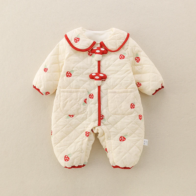 婴儿秋冬款薄棉棉衣保暖蘑菇连体衣宝宝加绒保暖棉服开襟卡通爬服