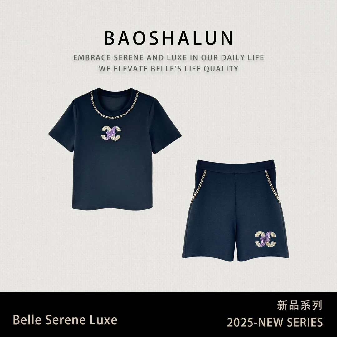 时尚高级珠片绣领链条上衣+短裤套装352159+352160