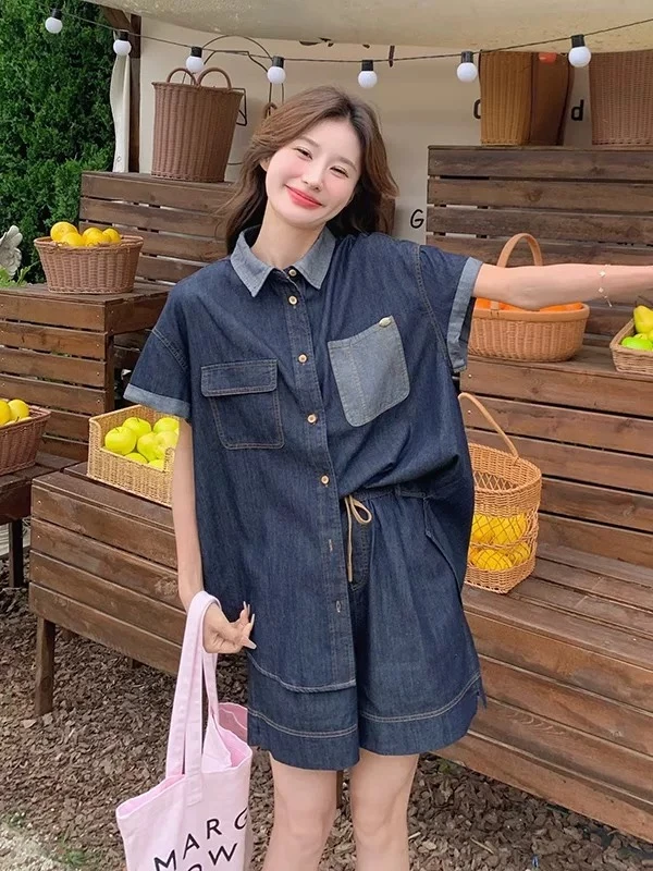 【影姐宠粉】2025蓝色牛仔衬衫短裤套装两件套5126