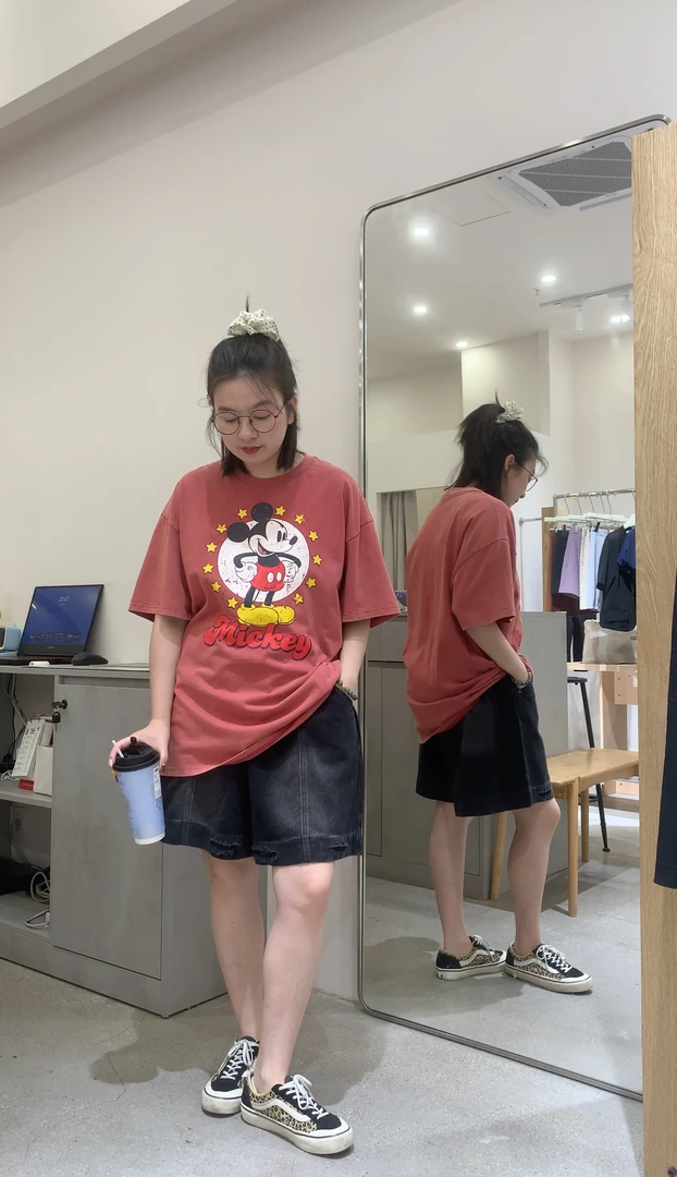 韩版小众设计复古做旧米奇卡通图案大宽休闲T恤