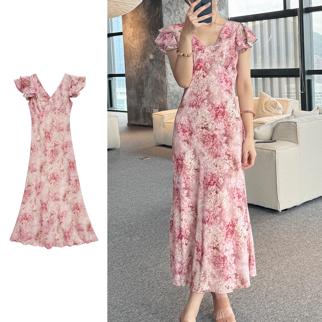 【樱花粉】高级碎花桑蚕丝连衣裙TX06QZ1143