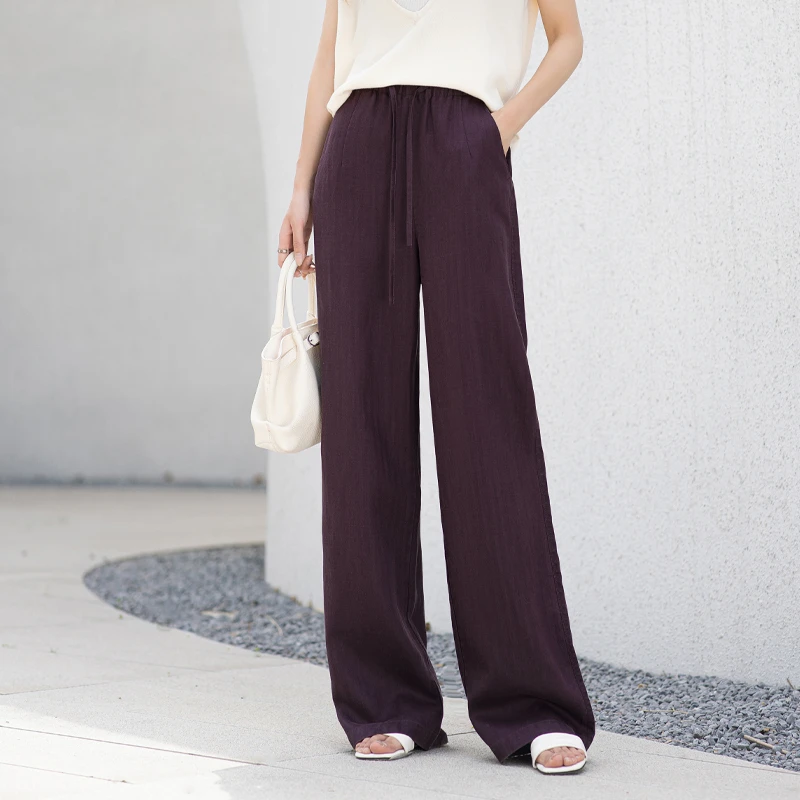 紫色莱赛尔天丝亚麻女裤高腰松紧时尚休闲松弛感阔腿裤抗皱不扎人
