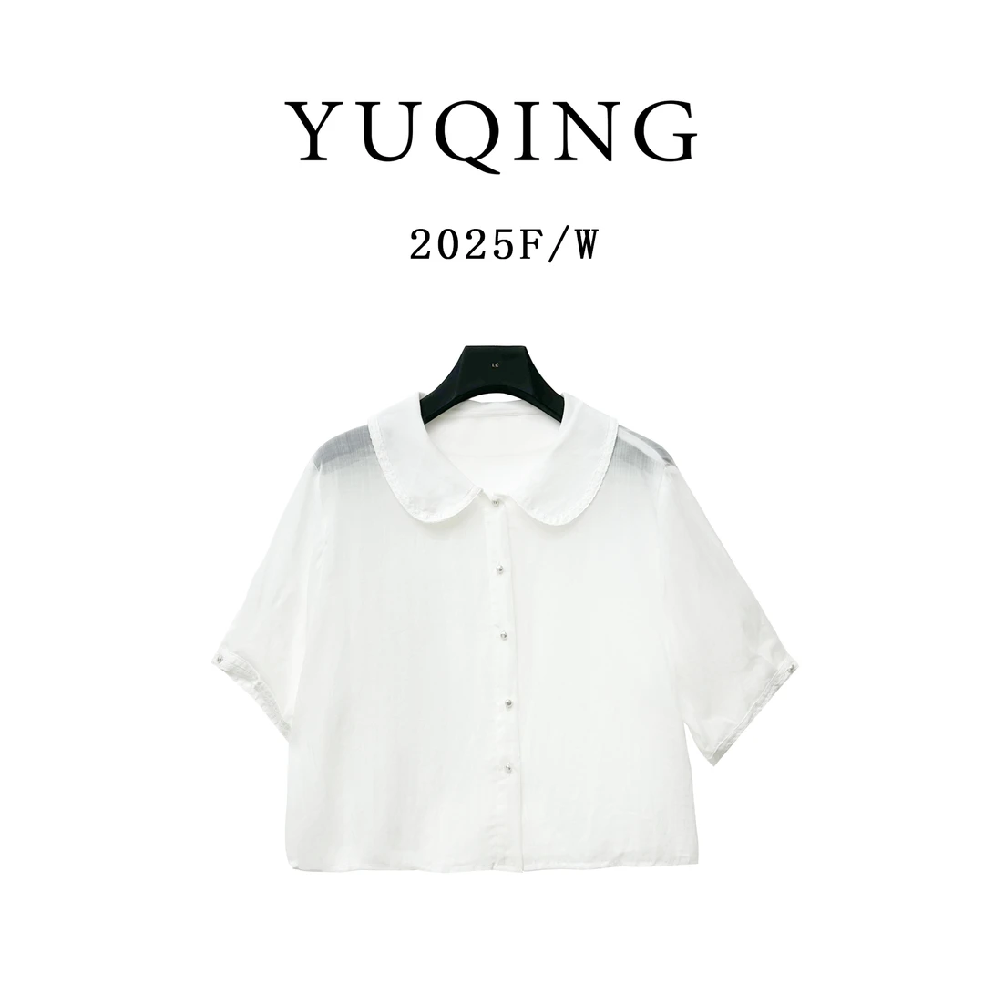D64230-法式短款白色娃娃领衬衫女夏季2025新款设计感短款衬衫