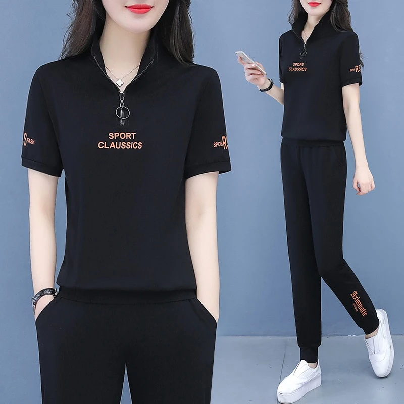 艾格运动套装女夏季2025新款百搭时尚休闲服短袖女夏天宽松两件套