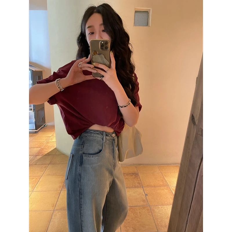 任小艺复古百搭火龙果色t恤女短袖圆领高级感短款独特设计夏A1323