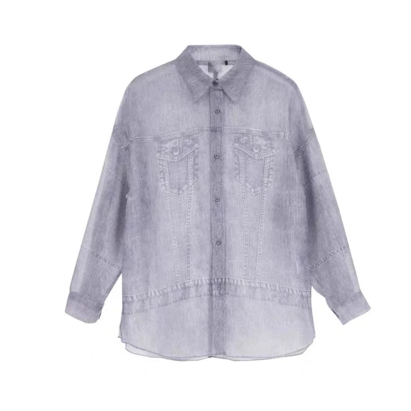 9116原单商场同款春夏宽松廓形时尚印花落肩袖衬衫女