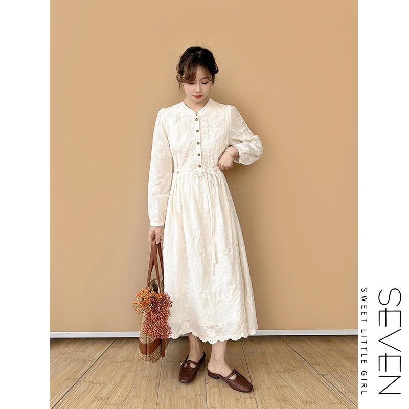 37③七七146小个子法式感气质提花长袖连衣裙春夏时尚女装小美说
