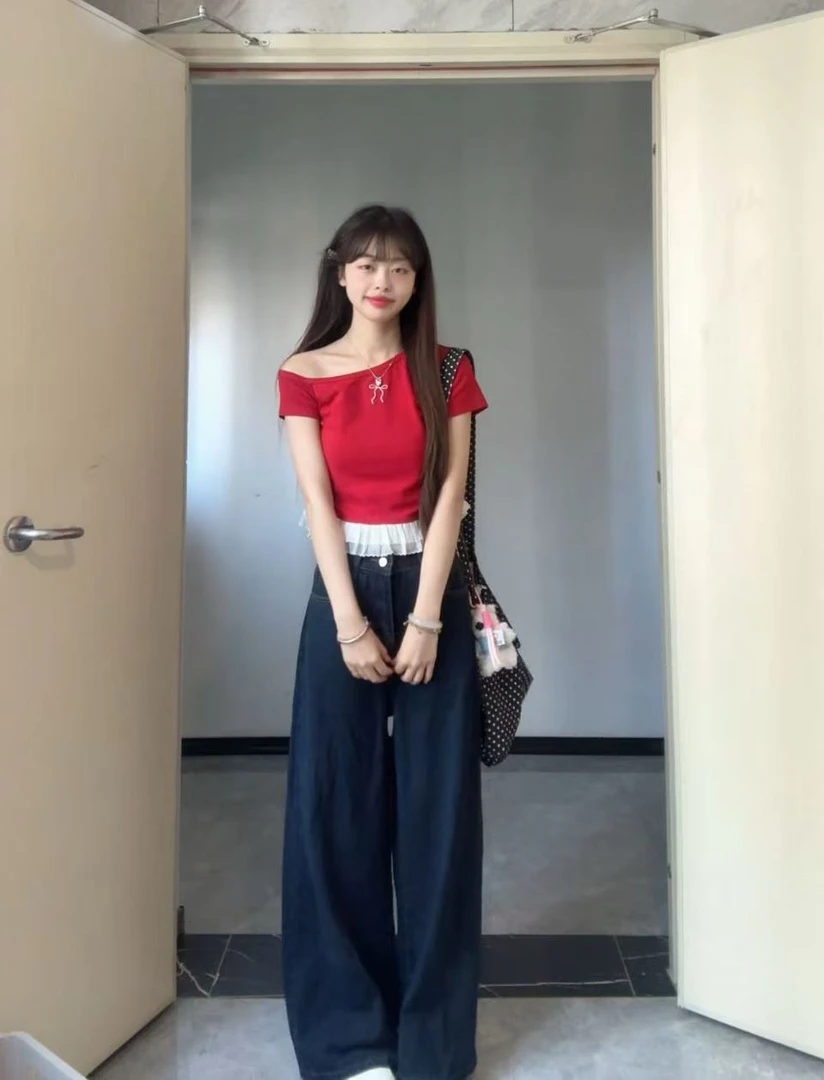 甜圈圈【显高显瘦】高腰显瘦深色阔腿牛仔裤百搭ins风