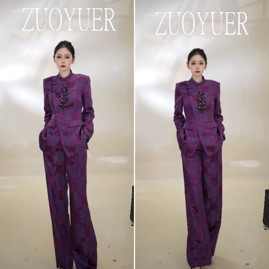 冬季新中式设计师时尚高级提花西装紫显白时尚套装（小月）25930