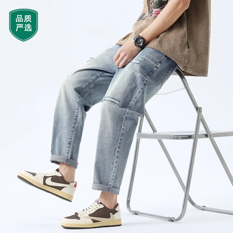 春季夏季男士修身九分裤男破洞牛仔裤男士水洗弹力裤子男休闲春夏