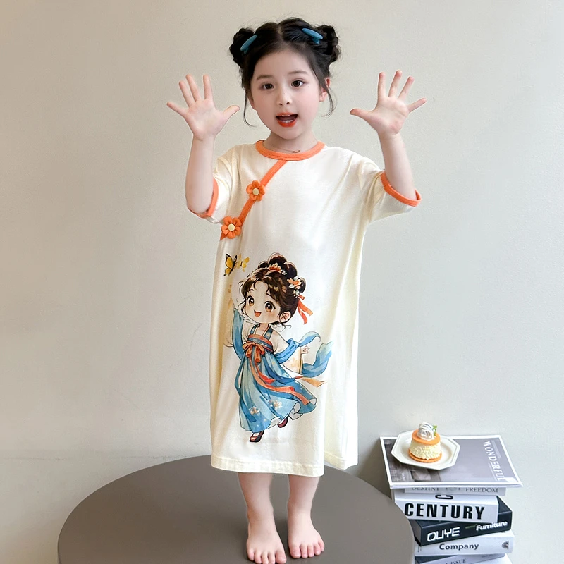 女童睡裙夏季薄款莫代尔2025新款小女孩宝宝儿童中国风睡衣家居服