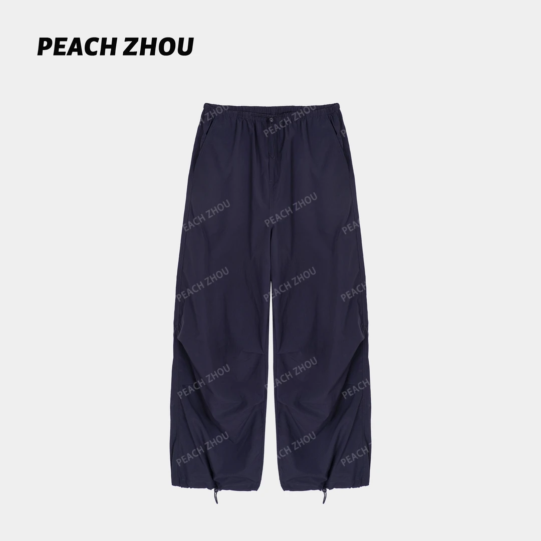 『PEACHZHOU』膝盖打褶松紧腰防晒伞兵裤宽松直筒休闲裤阔腿长裤女