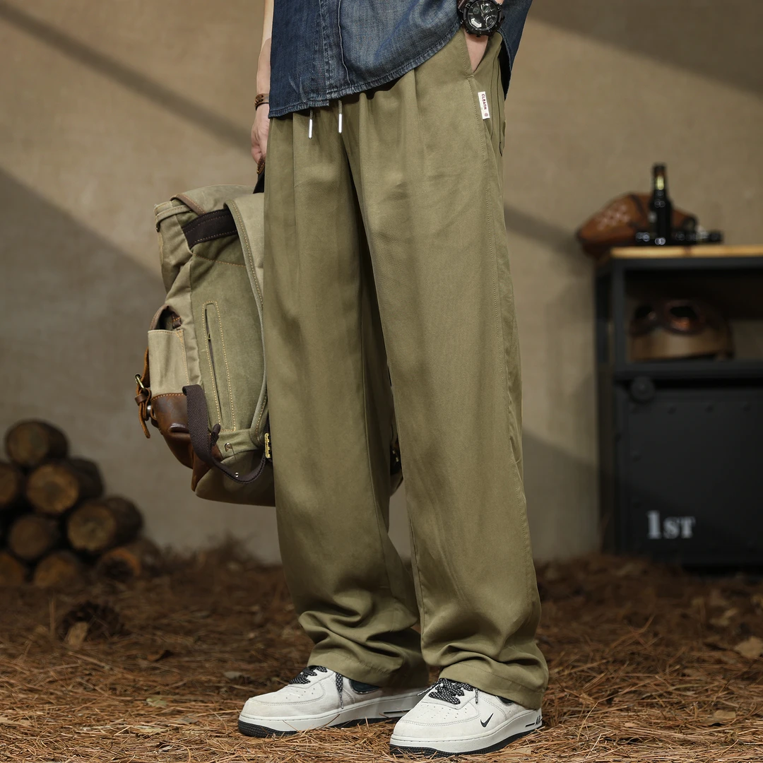 高端夏季日系复古莱赛尔垂感直筒休闲裤男宽松百搭凉感透气长裤子