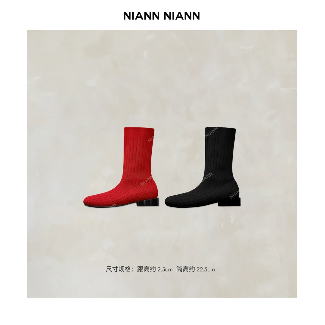 NiannNiann 新品小众时髦高级鞋履复古方头弹力袜靴15104