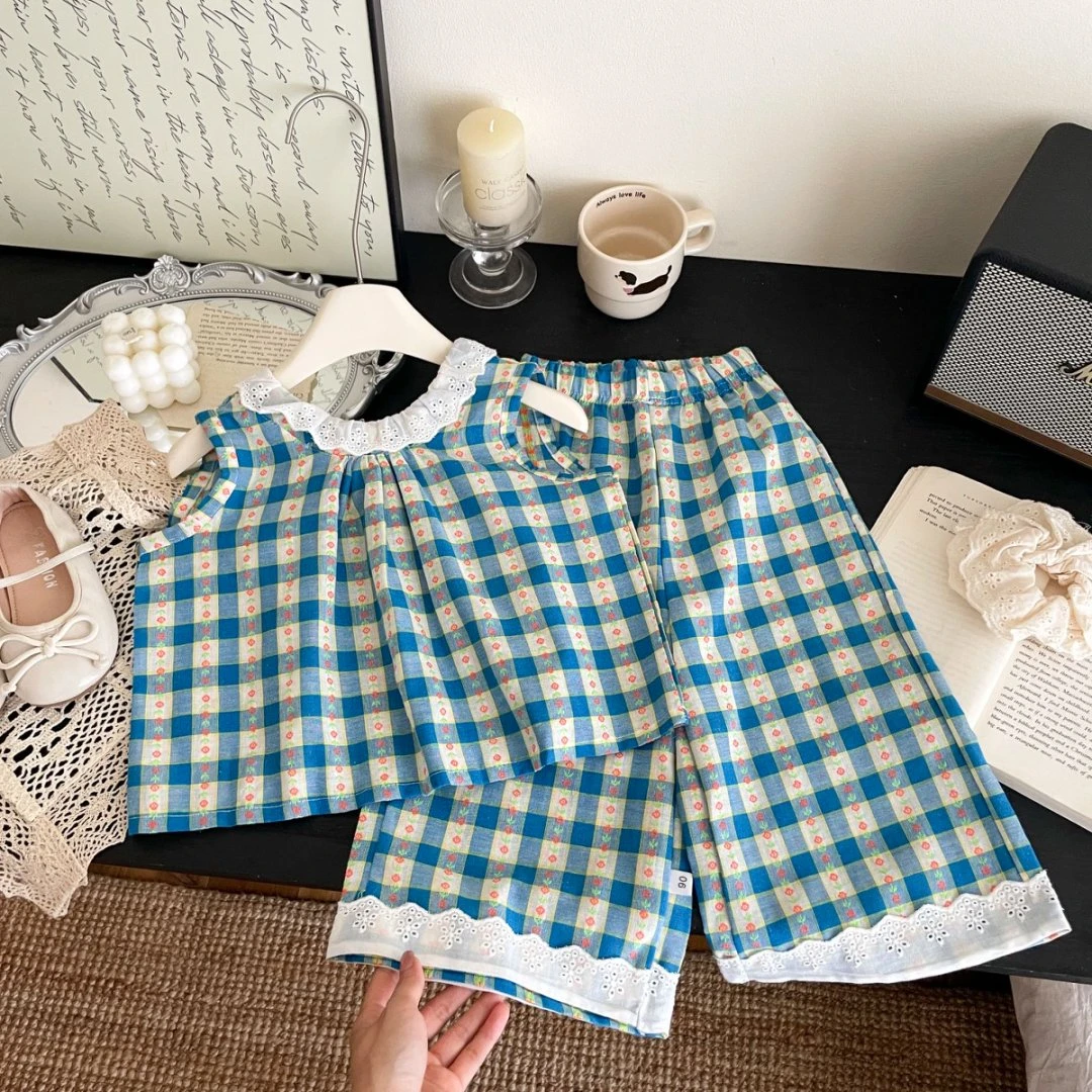2025新款棉质蕾丝花边女童田园风格子休闲套装洋气可爱舒适两件套