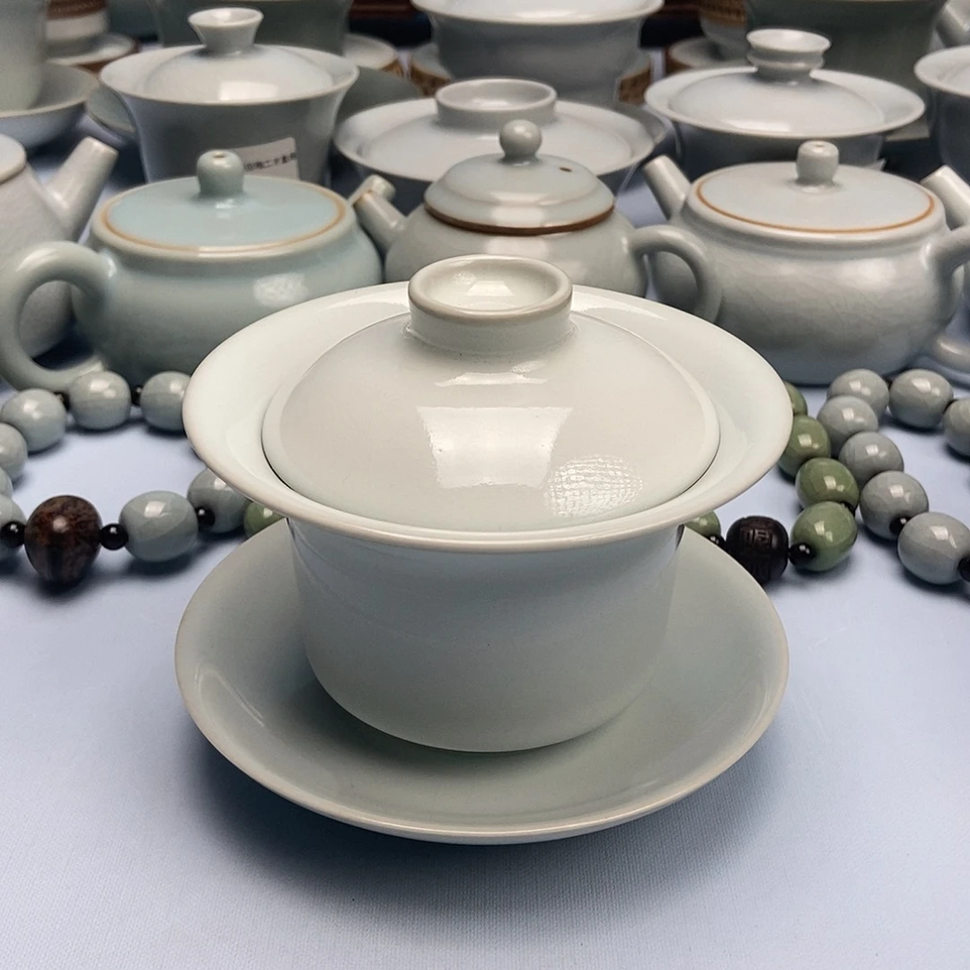 杯月白釉马蹄盖碗原矿原釉原杯地