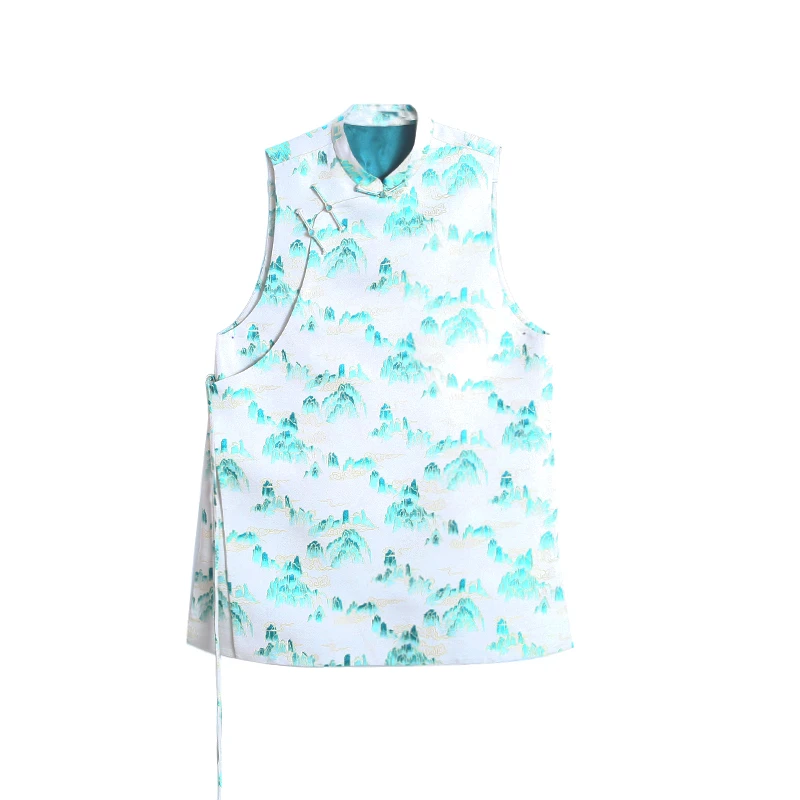 上久楷四重围江山多娇织金宋锦立领斜襟长款马甲151071-1