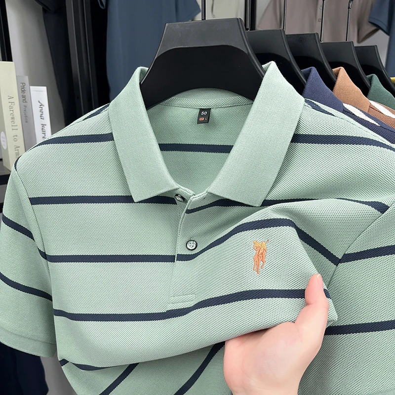 【商务保罗刺绣】高档条纹短袖POLO衫男士夏季休闲百搭透气宽松polo