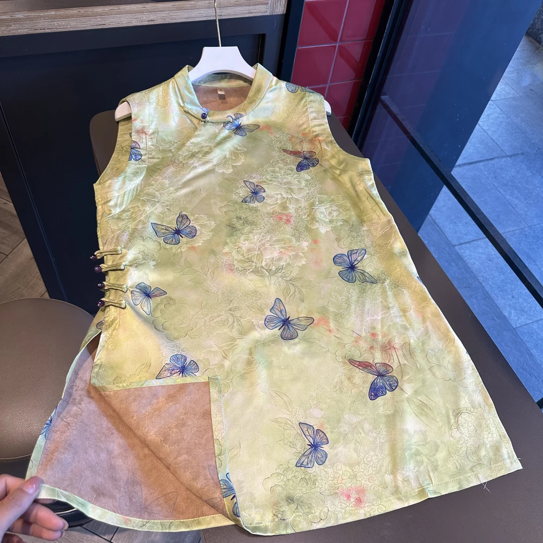 【绿蝶 奥黛】气质无袖显瘦中长款立领手工盘扣提花立领斜襟上衣SNS