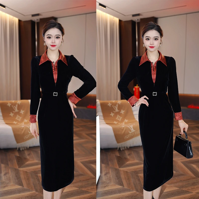 2025年红人上新温柔贤惠假两件连衣裙冬收腰加厚轻奢长袖打底裙