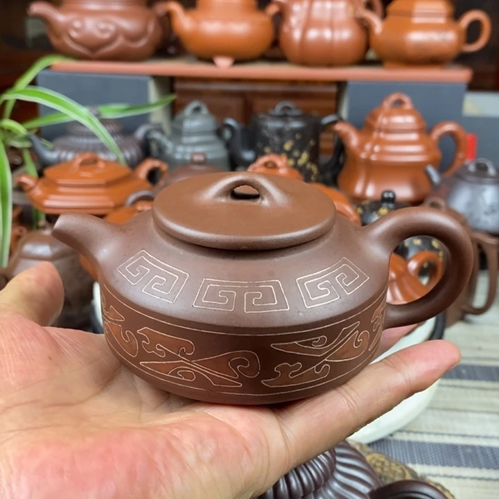 茶壶紫砂汉君200CC原矿老紫泥镶嵌银丝
