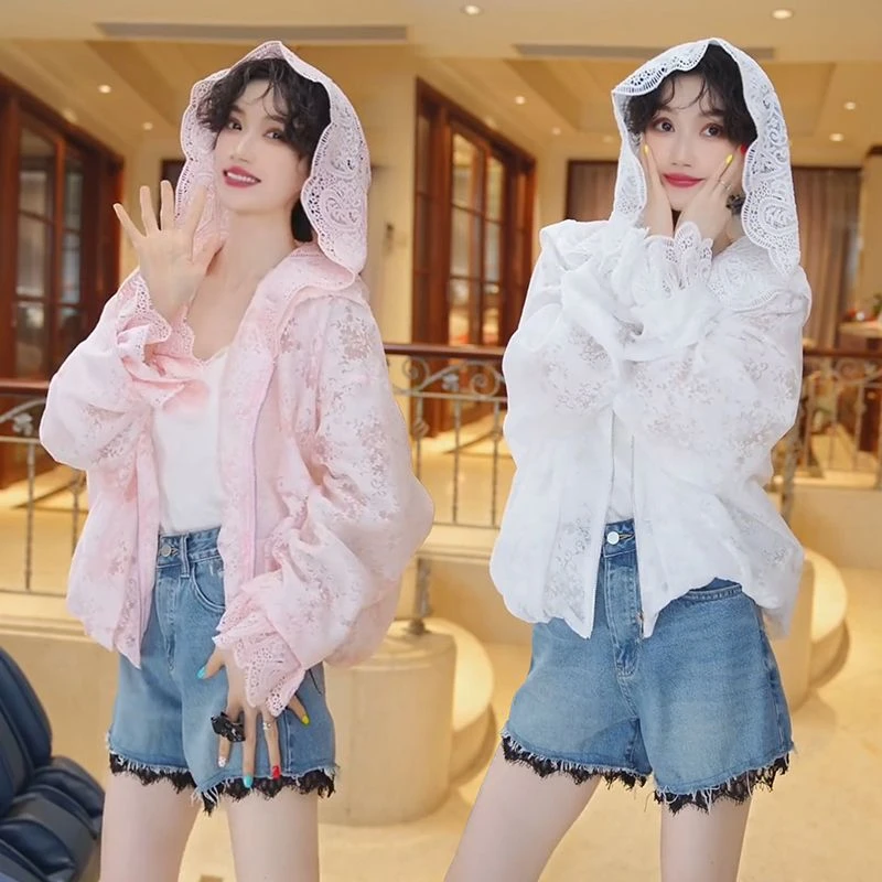 2025春秋夏季新款时尚宽松显瘦防晒服开衫拉链拼蕾丝连帽短外套女