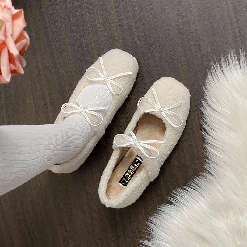 内增高毛毛鞋女秋冬外穿新款蝴蝶结厚底羊羔毛单鞋小码一